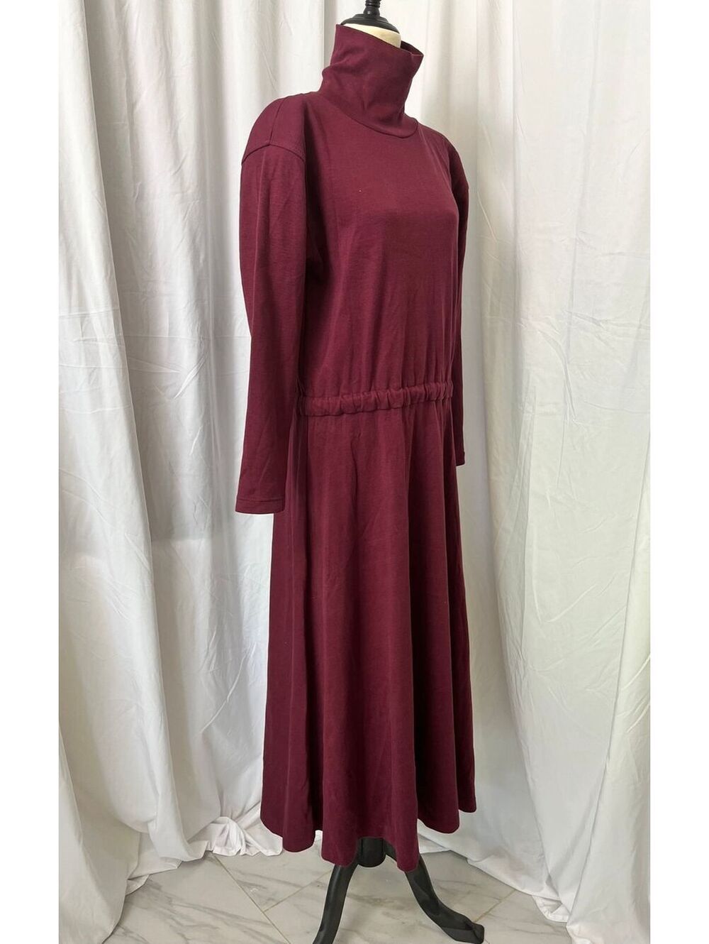 Vintage FADS 90s Burgundy Cotton Turtleneck Midi Dress Dark Academia Sz M